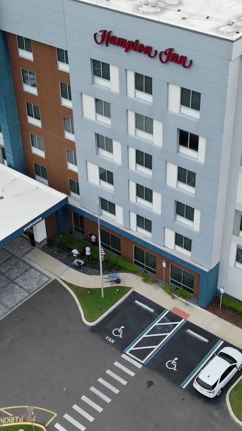 Elevated view of Hampton Inn exterior and landscaping work