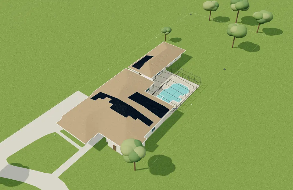 Saved development view of a home, pool enclosure, driveway and lawn