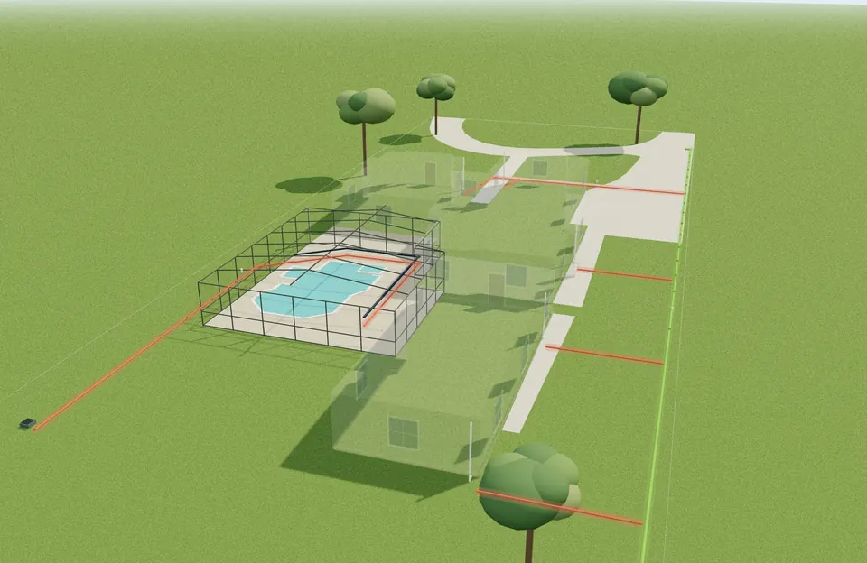 Property example with colored lines showing proposed drainage routes around the home and pool enclosure.